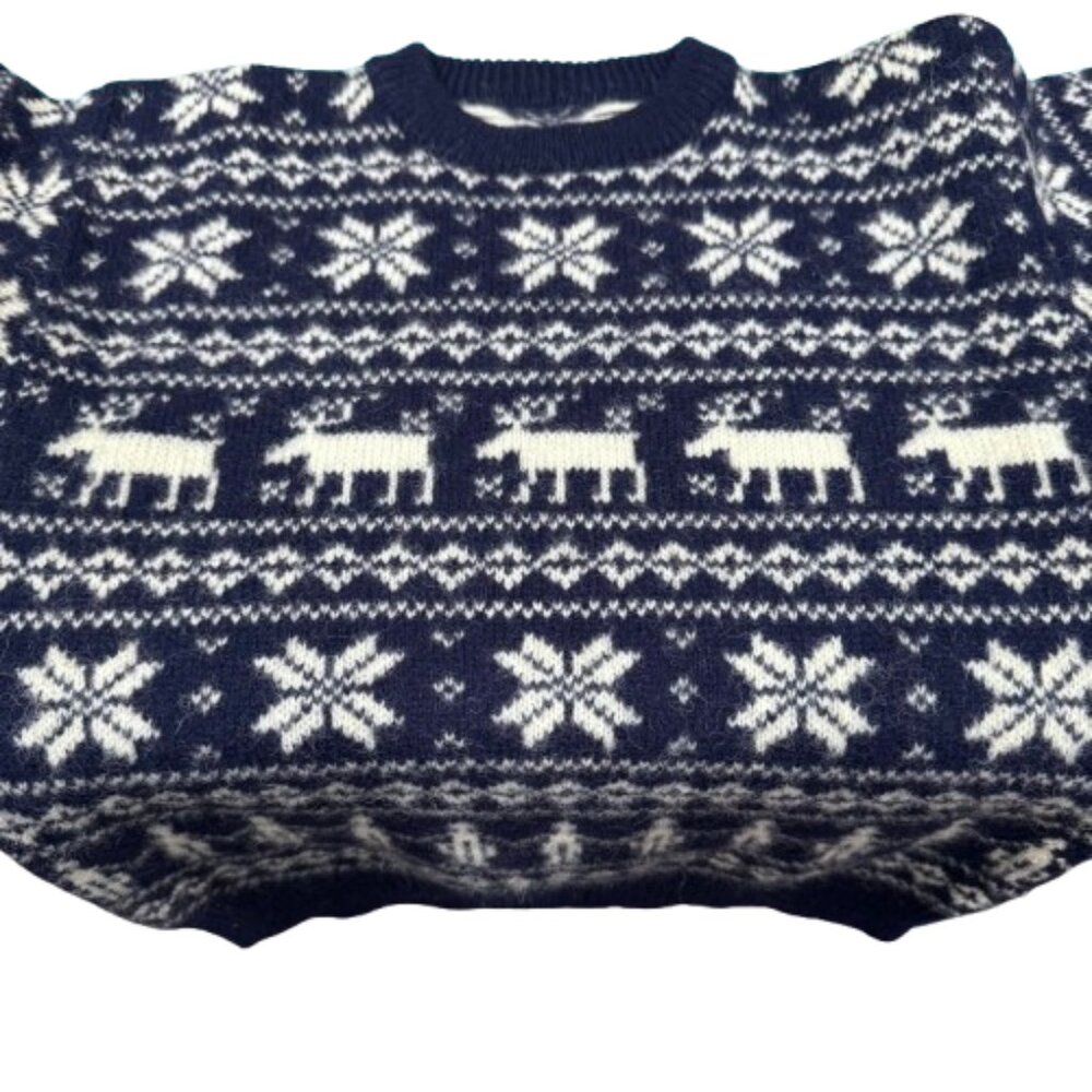 VTG Navy & White Snowflake Moose “People of the World” Boys Sweater | Wool | M/L - Picture 3 of 11